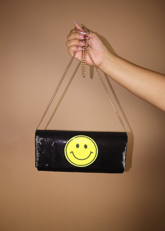 Smiley Face Sequined Clutch in Black