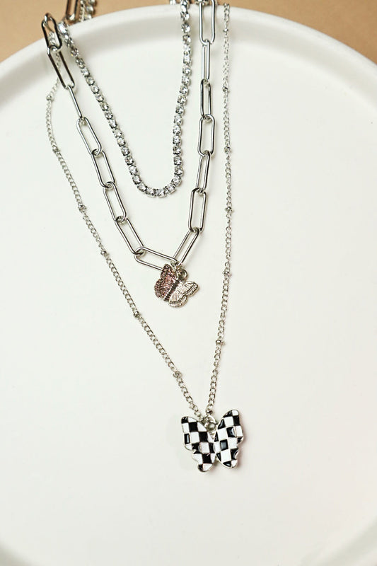 Checkerboard Butterfly Silver Necklace