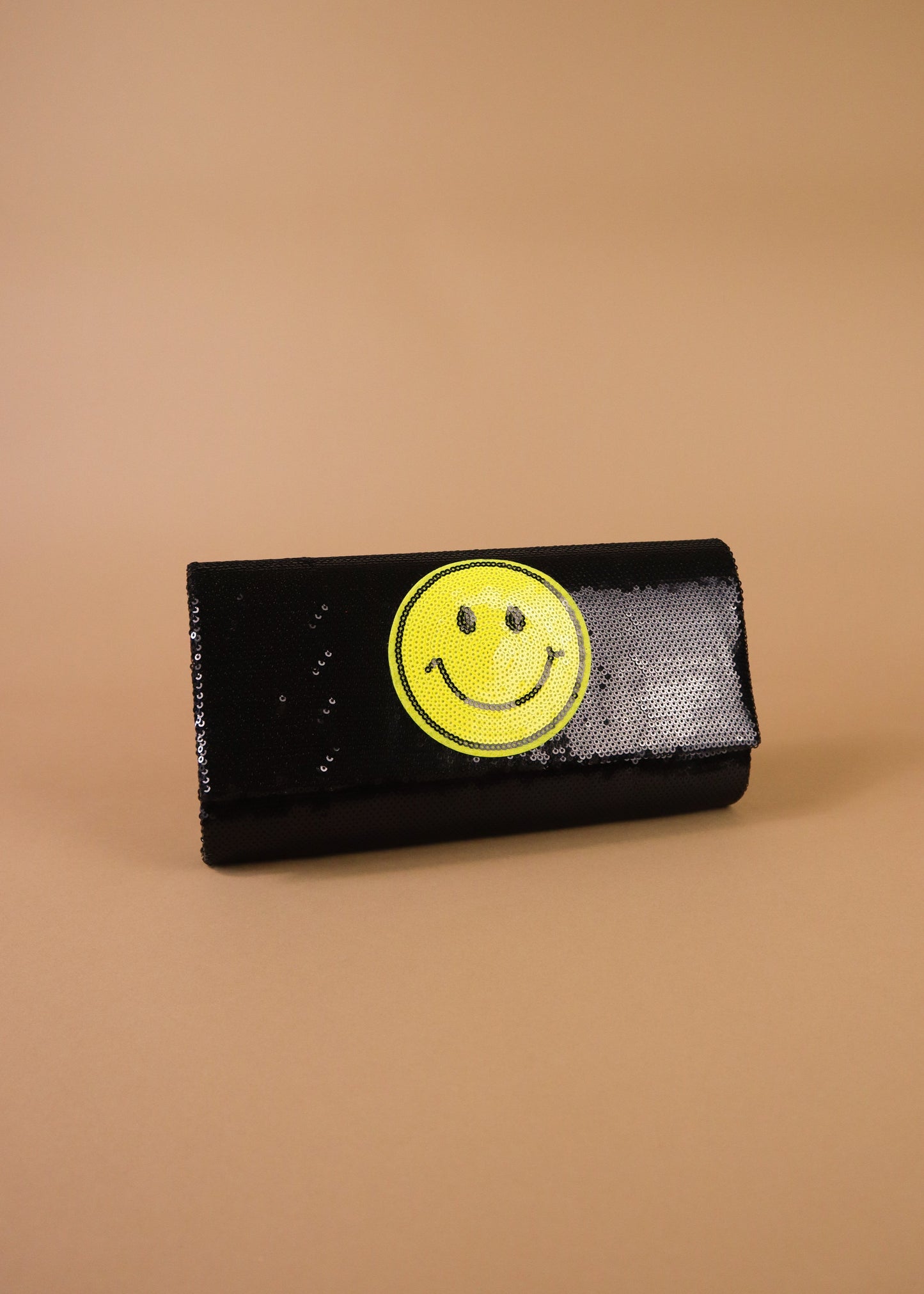 Smiley Face Sequined Clutch in Black