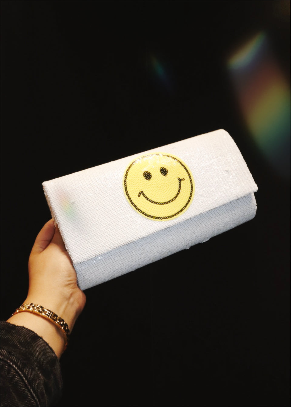 Smiley Face Sequined Clutch in White