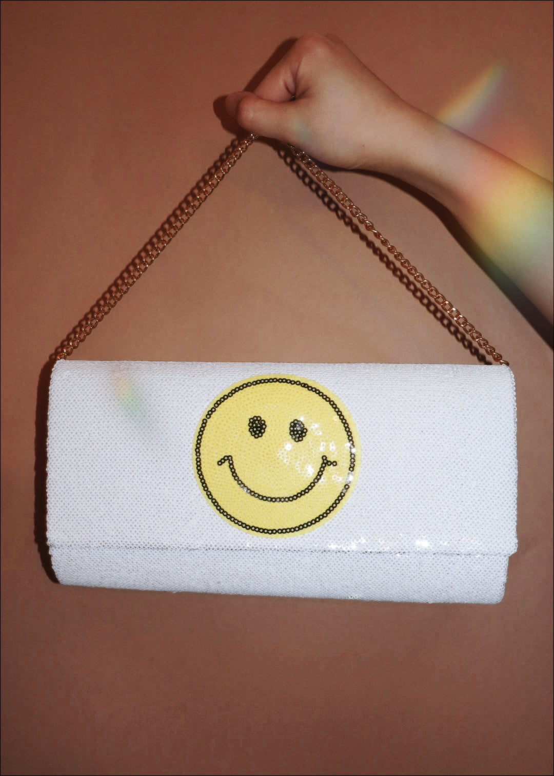 Smiley Face Sequined Clutch in White MYRALIE