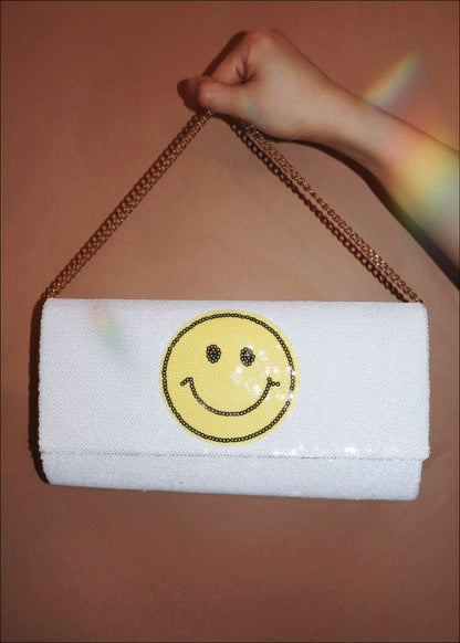 Smiley Face Sequined Clutch in White